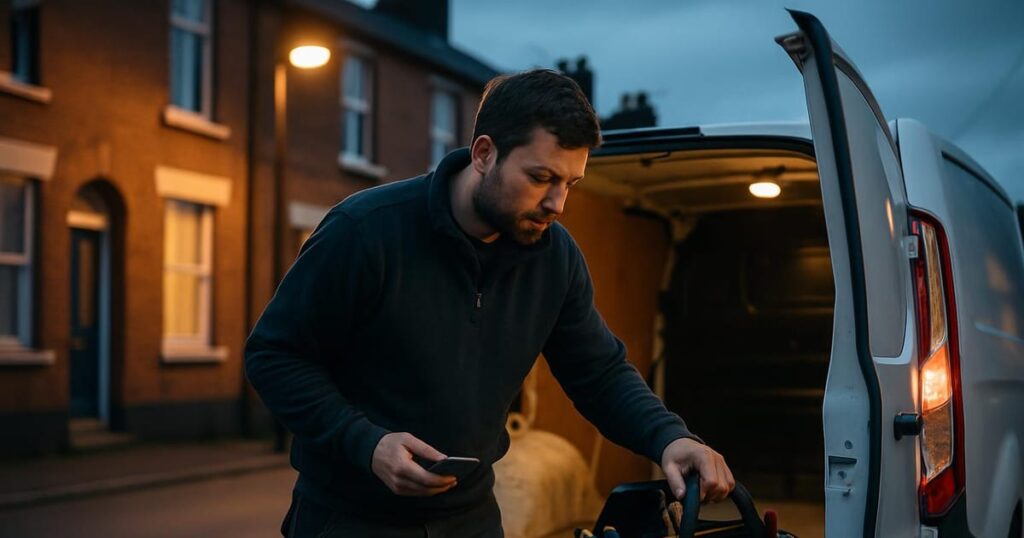 A tradesperson loads tools into a white van on a residential street at dusk while holding a mobile phone.